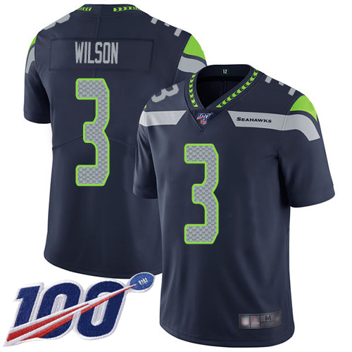 Seattle Seahawks Limited Navy Blue Men Russell Wilson Home Jersey NFL Football #3 100th Season Vapor Untouchable